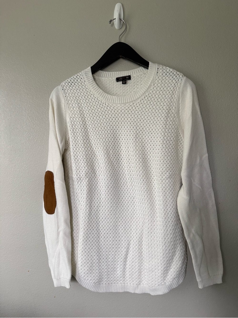 Lety & Me Josey Elbow Patch Crewneck Sweater White Size Small